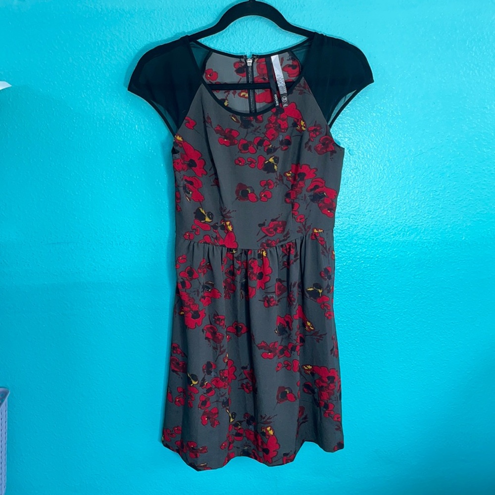 Kenzie dress black red floral sheer shoulders